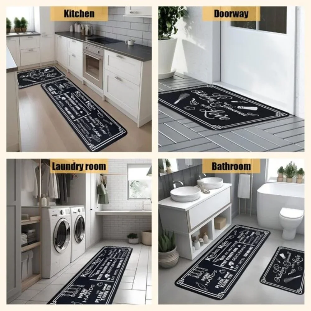 New Black and White Kitchen Rugs, Set of 2 Non-Skid Washable Cushioned Mats